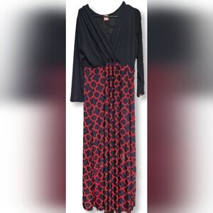 Flirty Pink Women's Plus Size Navy Blue & Red Patterned Long Sleeve Maxi Dress